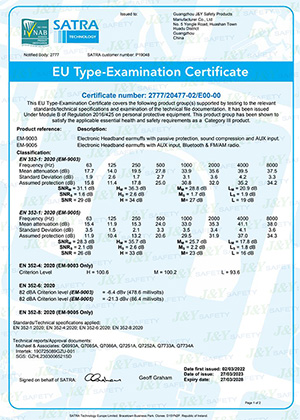 CE-сертификат на электронные противошумные наушники моделей EM-9003 и EM-9005